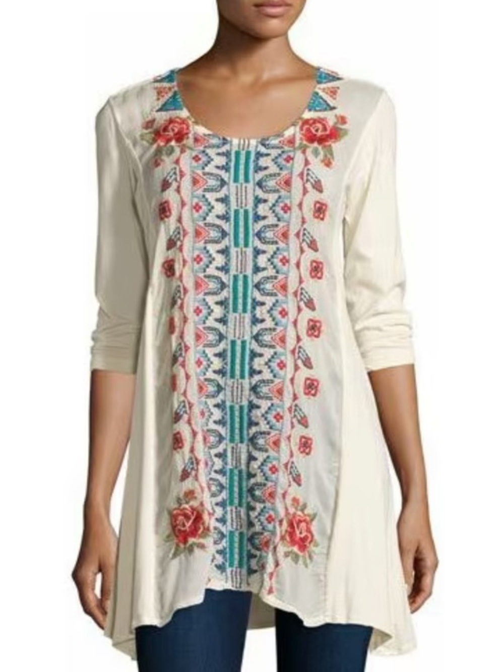 Johnny Was JWLA Harlow Women’s Embroidered Long Tunic Cream Size M Boho